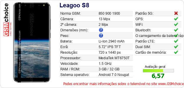 Leagoo S8 Especificações técnicas do telemóvel Leagoo S8 Especificações técnicas do telemóvel