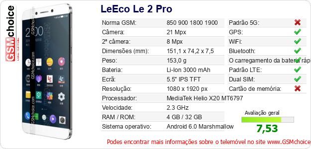 LeEco Le 2 Pro Especificações técnicas do telemóvel LeEco Le 2 Pro Especificações técnicas do telemóvel