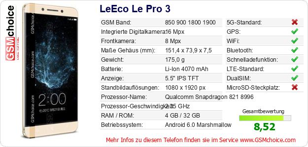 LeEco Le Pro 3 technische Daten LeEco Le Pro 3 technische Daten