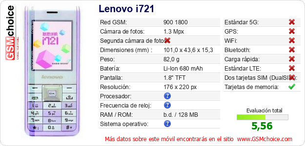 Lenovo i721 Datos técnicos del móvil 