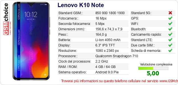 Lenovo K10 Note Dati tecnici di telefono cellulare Lenovo K10 Note Dati tecnici di telefono cellulare