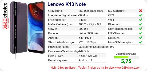 Lenovo K13 Note technische Daten Lenovo K13 Note technische Daten