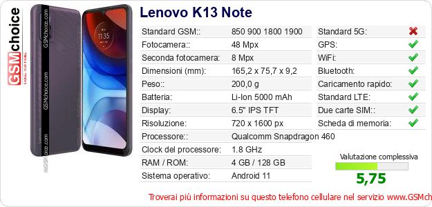 Lenovo K13 Note Dati tecnici di telefono cellulare Lenovo K13 Note Dati tecnici di telefono cellulare