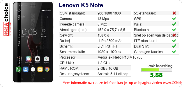Lenovo K5 Note Technische gegevens 