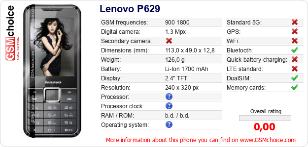 Lenovo P629 technical specifications Lenovo P629 technical specifications