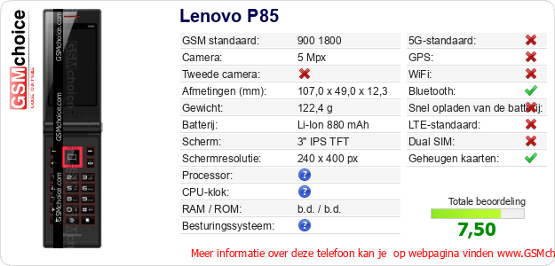 Lenovo P85 Technische gegevens 