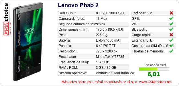 Lenovo Phab 2 Datos técnicos del móvil 