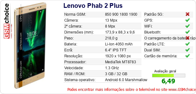 Lenovo Phab 2 Plus Especificações técnicas do telemóvel 