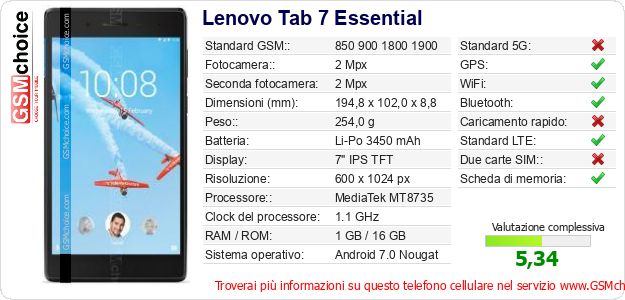Lenovo Tab 7 Essential Dati tecnici di telefono cellulare Lenovo Tab 7 Essential Dati tecnici di telefono cellulare