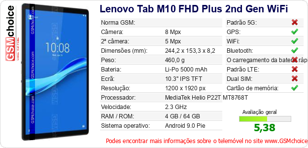 Lenovo Tab M10 FHD Plus 2nd Gen WiFi Especificações técnicas do telemóvel 