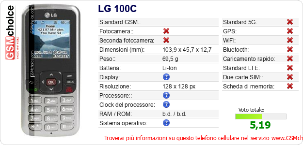 LG 100C Dati tecnici di telefono cellulare 