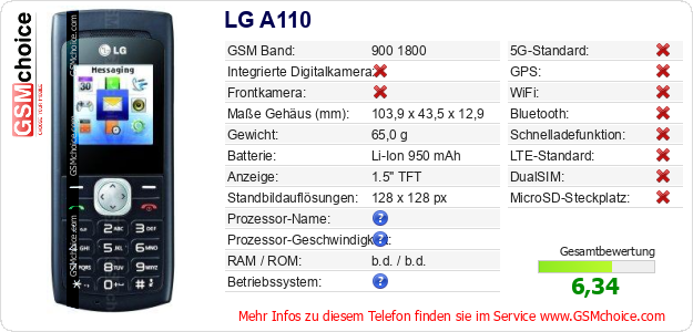 LG A110 technische Daten LG A110 technische Daten