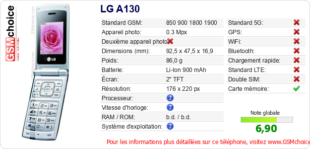 LG A130 Fiche technique