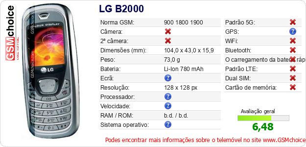 LG B2000 Especificações técnicas do telemóvel LG B2000 Especificações técnicas do telemóvel