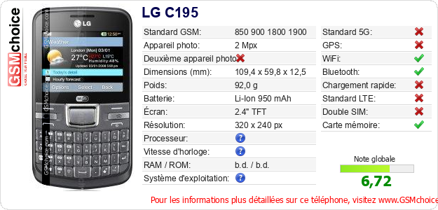 LG C195 Fiche technique LG C195 Fiche technique