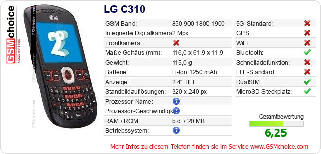 LG C310 technische Daten LG C310 technische Daten