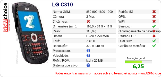LG C310 Especificações técnicas do telemóvel 