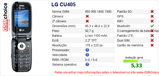 LG CU405 Especificações técnicas do telemóvel 