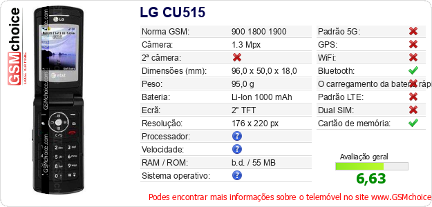 LG CU515 Especificações técnicas do telemóvel LG CU515 Especificações técnicas do telemóvel