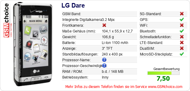 LG Dare technische Daten LG Dare technische Daten