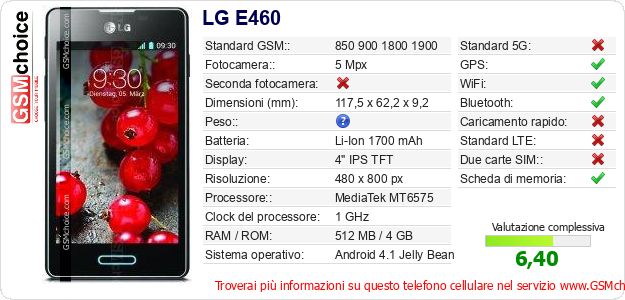 LG E460 Dati tecnici di telefono cellulare LG E460 Dati tecnici di telefono cellulare