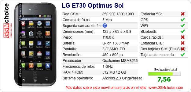 LG E730 Optimus Sol Datos técnicos del móvil 