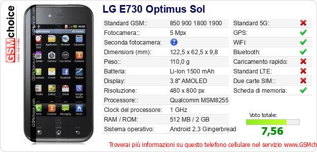 LG E730 Optimus Sol Dati tecnici di telefono cellulare LG E730 Optimus Sol Dati tecnici di telefono cellulare