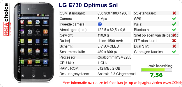 LG E730 Optimus Sol Technische gegevens LG E730 Optimus Sol Technische gegevens