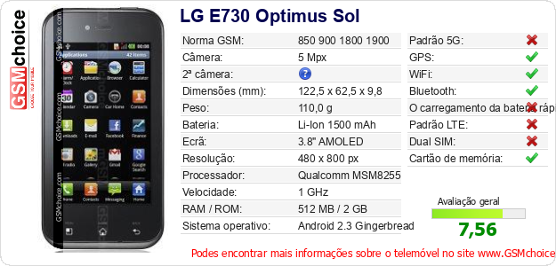 LG E730 Optimus Sol Especificações técnicas do telemóvel 