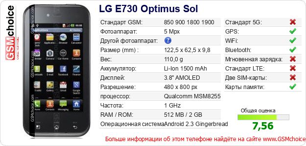 LG E730 Optimus Sol Технические данные телефона LG E730 Optimus Sol Технические данные телефона