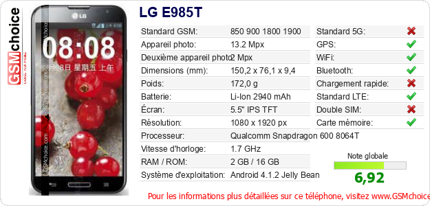 LG E985T Fiche technique LG E985T Fiche technique