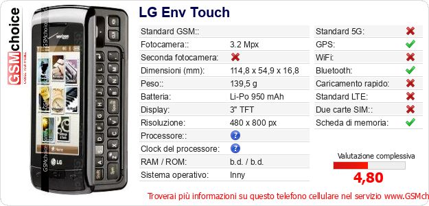 LG Env Touch Dati tecnici di telefono cellulare 