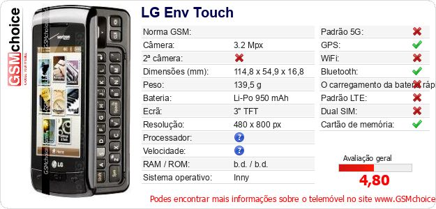 LG Env Touch Especificações técnicas do telemóvel 