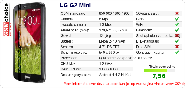 LG G2 Mini Technische gegevens LG G2 Mini Technische gegevens