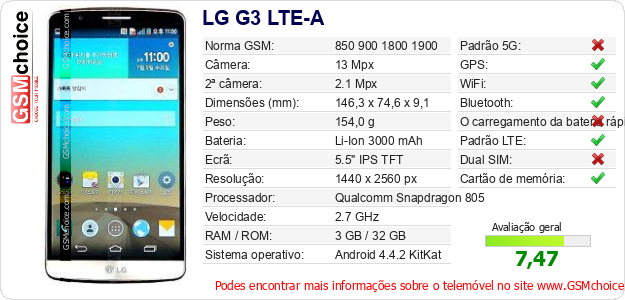 LG G3 LTE-A Especificações técnicas do telemóvel LG G3 LTE-A Especificações técnicas do telemóvel