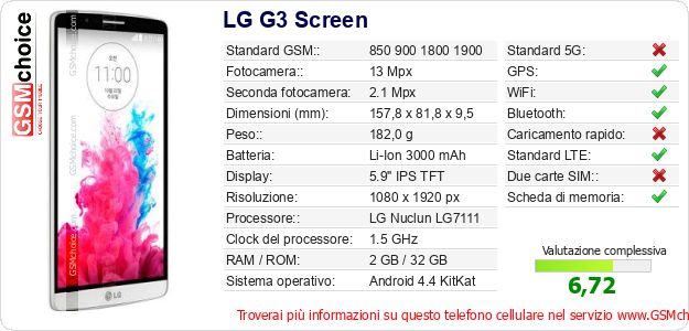 LG G3 Screen Dati tecnici di telefono cellulare LG G3 Screen Dati tecnici di telefono cellulare