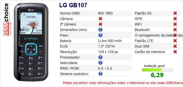 LG GB107 Especificações técnicas do telemóvel LG GB107 Especificações técnicas do telemóvel