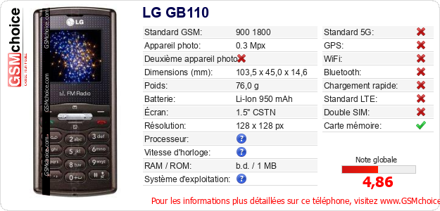 LG GB110 Fiche technique