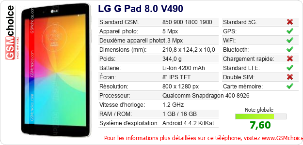 LG G Pad 8.0 V490 Fiche technique