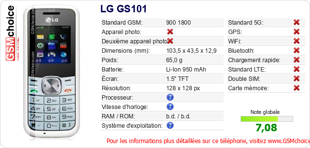 LG GS101 Fiche technique LG GS101 Fiche technique