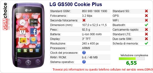 LG GS500 Cookie Plus Dati tecnici di telefono cellulare LG GS500 Cookie Plus Dati tecnici di telefono cellulare
