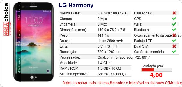 LG Harmony Especificações técnicas do telemóvel LG Harmony Especificações técnicas do telemóvel