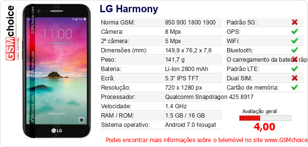 LG Harmony Especificações técnicas do telemóvel 
