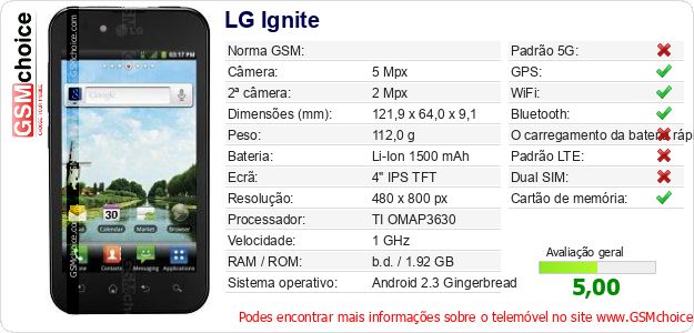 LG Ignite Especificações técnicas do telemóvel LG Ignite Especificações técnicas do telemóvel