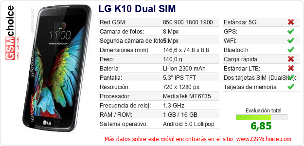 LG K10 Dual SIM Datos técnicos del móvil 