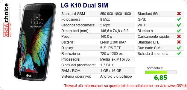 LG K10 Dual SIM Dati tecnici di telefono cellulare 