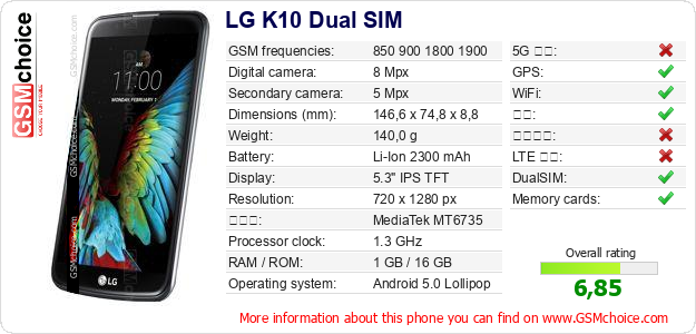 LG K10 Dual SIM 手机技术数据