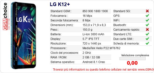 LG K12+ Dati tecnici di telefono cellulare LG K12+ Dati tecnici di telefono cellulare