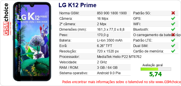 LG K12 Prime Especificações técnicas do telemóvel 