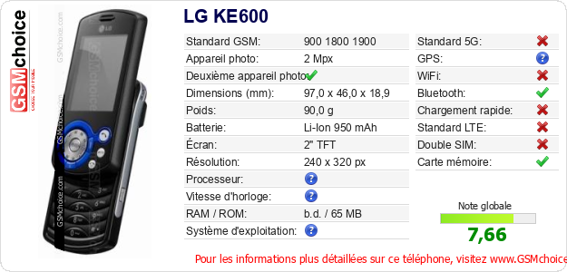 LG KE600 Fiche technique LG KE600 Fiche technique